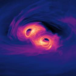 Simulace supermasivních černých děr těsně před srážkou. Kredit: NASA’s Goddard Space Flight Center.