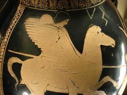 Bellerofón na Pegasovi bojuje s Chimérou. Atická červenofigurová peliké, 440 před n. l. Louvre, G 536. Kredit: Jastrow, Wikimedia Commons. Public domain.