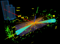 Jeden z případů vzniku a rozpadu Higgsova bosonu v detektoru ATLAS pozorovaný v roce 2012. Rozpad proběhl do dvou tauonů (světle modré kužely) a ty se pak rozpadly se vznikem elektronu (modrá čára) a mionu (červená čára).
