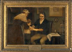 Dr. Jenner při svém prvním očkování 14. května 1796. Očkovaným je osmiletý chlapec James Phipp. Obraz namaloval Ernest Board, volné dílo. Dr. Jenner při svém prvním očkování 14. května 1796. Očkovaným je osmiletý chlapec James Phipp. Obraz namaloval Ernest Board, volné dílo.