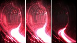 Snímky vnitřku reaktoru JET v průběhu experimentu 104522. Plazma je průhledné, záře v dolní části reaktoru ukazuje interakci plazmatu s divertorovými terči. Kredit EUROfusion.