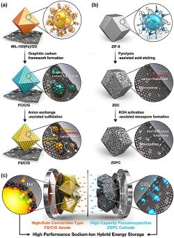Syntéza materiálu na nový typ anody (a) a katody (b). Kredit: KAIST Nano Materials Simulation and Fabrication Lab.