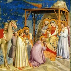 Klanění tří králů, Padova, kaple Scrovegniů. Autor: Giotto ( 1267 – 1337) předchůdce renesance. Kredit: Volné dílo.