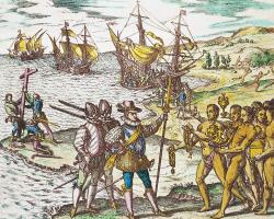 Přistání Kolumba na Hispaniole (1594). Kredit: Théodore de Bry, Americae Tertia Pars, Wikimedia Commons.