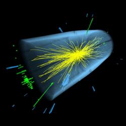 Výrazné zelené čáry představují pár fotonů s celkovou energií 1500 GeV. Kredit: CMS / CERN.