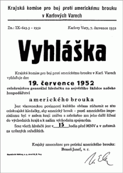 Vyhláška o boji proti „americkému brouku“ z roku 1952 Zdroj: Wikipedia, volné dílo.