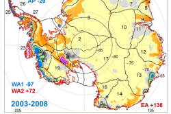 Celková mapa změn, jak ji dokumentuje ICESat 2003-2008. Ale žádnou katastrofu nesignalizuje, naopak. Podrobnosti zde.