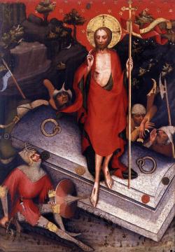 Návrat ze světa mrtvých v podání Mistra Třeboňského oltáře. 80. léta 14. století.  Web Gallery of Art