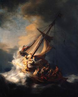 Rembrand: Bouře na Galilejském moři (jezeře), 1633. Olej na plátně, 160 x 128 cm. Isabella Stewart Gardner Museum, Boston, P21s24. Kredit: Spatsibeau, Wikimedia Commons. Public domain. Rembrand: Bouře na Galilejském moři (jezeře), 1633. Olej na plátně, 160 x 128 cm. Isabella Stewart Gardner Museum, Boston, P21s24. Kredit: Spatsibeau, Wikimedia Commons. Public domain.