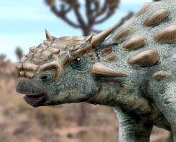 Rekonstrukce přibližného vzezření ankylosaurida druhu Minotaurasaurus ramachandrani, blízce příbuzného rodu Tarchia. Tito býložraví tyreofoři byli skvěle vybaveni pro odrážení útoků velkých teropodů, zejména pak tyranosaurida druhu Tarbosaurus bataar. Přesto byly objeveny fosilie tarchie s rozeznatelnými rýhami po zubech obřího predátora. Kredit: Nobu Tamura; Wikipedie (CC BY 3.0)
