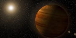 Umělecký koncept vizualizuje Gaia23bra b, první planetu s mikroskopickou čočkou obíhající kolem vzdálené hvězdy, kterou objevil satelit TESS (Transiting Exoplanet Survey Satellite). Tento superJupiter obíhá kolem oranžového trpaslíka ve vzdálenosti podobné vzdálenosti Jupiteru od Slunce. Zdroj: NASA’s Goddard Space Flight Center.