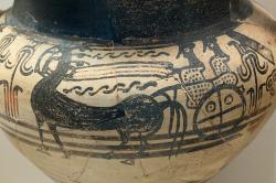 Koně a vůz s dámami. Amforoidní kratér, Nafplion, 1300-1250 před n. l Archeologické muzeum v Naupliu. Kredit: Zde, Wikimedia Commons. Licence CC 4.0.