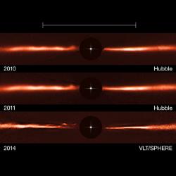 Co se to vlní v AU Microscopii? Kredit: ESO, NASA & ESA.