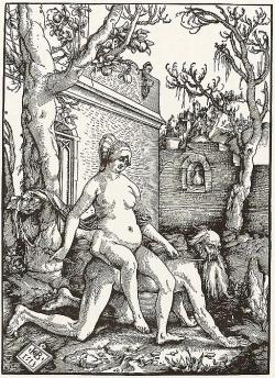 Aristotelés a Fyllis v celé nahotě, dřevořez z roku 1515. Kredit: Hans Baldung Grien, Wikimedia Commons. Public domain.