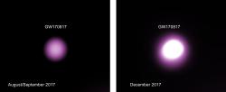 Objekt GW170817 před a po splynutí do černé díry. Kredit: CXC/M. Weiss; X-ray: NASA/CXC/Trinity University/D. Pooley et al.