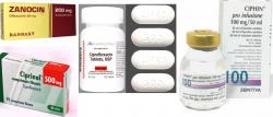 Niektoré názvy vyrábaných fluorochinolónov: ciprofloxacin (Cipro, Ciphin, Ciphlox, Ciprinol, Ciprolon, Medociprin...),  ofloxacin (Taroflox, Medofloxin, Ofloxin, Zanocin), pefloxacin (Abaktal), moxifloxacin (Avelox), levofloxacin (Leflox, Tavanic), norfloxacin (Nolicin, Gyrablock).