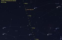 Současný pohyb komety 21P/Giacobini-Zinner po noční obloze do 23. Září. Kredit: Cometwatch