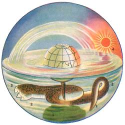 Démon Vritra je zabit. Ledovce roztály a Slunce otepluje Zemi. Ilustrace k eposu Rgvéda v Tilakově knize, vydání r. 1956. Wikimedia Commons.