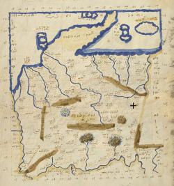 Ptolemaiova mapa Velké Germanie z roku 1420. Carredunum (Καρρόδουνον) vyznačeno křížkem. Wikimedia Commons.