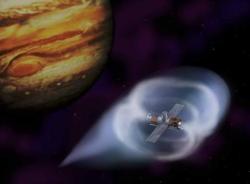 Obr.č. 22) Kosmická loď chráněná magnetickou bublinou plazmy a zároveň poháněna její interakcí se slunečním větrem v představách malíře (zdroj NASA)