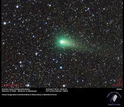 Kometa 21P/Giacobini-Zinner září ve hvězdářských dalekohledech jasným zeleným světlem, jak to dokazuje snímek ze 17. srpna pořízen londýnskou hvězdárnou Northolt Branch Observatories.