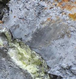 Detail sopečného modrého jílu z naleziště nedaleko Crater Lake v Oregonu. Odkrytá žíla obsahuje krystaly síry. Kredit:  Lynda Williams, ASU