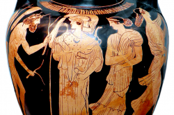 Odysseus, Athéna, Nausikáa a její družka. Atická červenofigurová amfora, 440 před n. l. Staatliche Antikensammlungen (München). Kredit: Carole Raddato, Flickr via Wikimedia Commons. Licence CC 2.0.