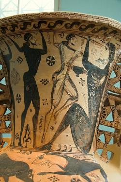 Odysseus oslepuje Polyféma. Velká proto-atická amfora, 650 před n. l. Pohřební nádoba malého dítěte ze západního pohřebiště v Eleusině. Archeologické muzeum v Eleusině, 2360. Kredit: Zde, Wikimedia Commons. Licence CC 4.0.