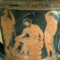 Odysseus obklopen svými druhy sedí a poslouchá hlavu Teirésia. Lukánský červenofigurový kratér, 380 před n. l. Louvre, De Ridder 422. Kredit: Jastrow, Wikimedia Commons. Public domain.