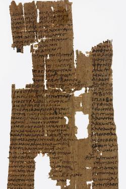 Část papyru 1185 (Papyrus Oxyrhynchus 222) z 3. století n. l. Seznam olympijských vítězů a disciplín. British Library. Kredit: Wikimedia Commons. Public domain.
