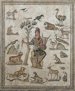 Orfeus se zvířaty. Římská mozaika z domu na nám. Piazza della Vittoria, 200-250 n. l. A. Salinas Regional Archaeological Museum Palermo, NI 2287. Kredit: Marie-Lan Nguyen, Wikimedia Commons. Licence CC 2.5.