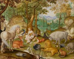 Orfeus okouzluje zvířata svou hru a zpěvem. Akvarel a kvaš na pergamenu, 167 x 211 mm. Jacob Hoefnagel, 1613. Private Collection, England. Kredit: tgFGkixo83eXkQ, Google Arts & Culture, Wikimedia Commons. Public domain.