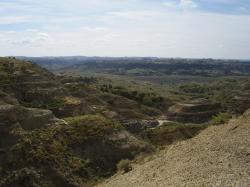 Pohled na sedimenty geologického souvrství Hell Creek na území Státního parku Hell Creek ve východní Montaně. Právě v době ukládání těchto vrstev došlo ve více než 3000 kilometrů vzdálené části proto-Karibiku k osudné srážce. Jak ukazují objevy na několika lokalitách v Montaně a Severní Dakotě, i přes tuto značnou vzdálenost zde měly již první krátkodobé projevy impaktu extrémně devastující účinky. Kredit: Vlastní snímek autora, červenec 2009 (převzetí je možné pouze se souhlasem autora).