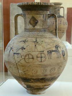 Amfora v geometrickém stylu se zobrazením válečné scény, 8. století před n. l. Kredit: Zde, Wikimedia Commons. Licence CC 4.0.