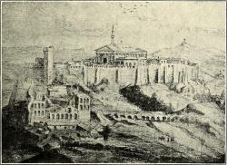 Akropole na rytině z roku 1670, tedy před explozí. Kunstmuseum Bon. Kredit: Maxime Collignon: „Le Parthénon…“, 1914, Wikimedia Commons. Public domain.