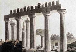 Severní strana Parthenonu po sejmutí Elginových metop. Kresba. Kredit: Giovanni Battista Lusieri, Wikimedia Commons. Licence CC 4.0.