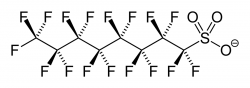Perfluoroktansulfonan (PFOS) je fluorovaný aniont používaný jako součást polymerů nebo jako surfaktant (látka ovlivňující povrchové napětí). Kredit: Volné dílo.