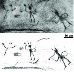 Petroglyfy neznámého původu a stáří, pravděpodobně přímo související s fosilními stopami dinosaurů z lokality Kontrewers. Tříprsté stopy ptakopánvých dinosaurů zde dávní obyvatelé Svatokřížských hor objevovali odedávna a pravděpodobně se snažili dát jim smysl a zapojit je do svých náboženských či magických rituálů. Postavy dvou rohatých „hráčů na flétnu“ jsou velmi výrazné. Kredit: Gierliński, G. D. a Kowalski K. Z.; 2006 (převzato z webu ResearchGate)