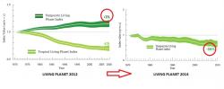 GRAF 3: V roce 2012 zpráva Living Planet ještě uváděla zvlášť data pro mírný podnebný pás, odkud je hodně dat (populace živočichů stouply o 31%) a zvlášť pro tropické klima, kde je dat málo a jde jen o dohady (pokles o 61%). O dva roky později statistiku někdo obrátil u čísel znaménka… [8]