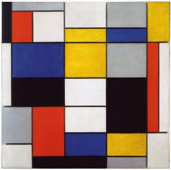 Piet Mondrian, Kompozice A, 1920. (Omlouvám se za omezení na jednoho autora, je to kvůli absurdním zákonům o autorských právech. Tak aspoň holandská avantgarda De Stijl.) Kredit: www.snap-dragon.com via Wikimedia Commons.