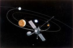První sonda, která využila gravitační manévr při cestě k jiné planetě by Mariner 10, který se dostal k Merkuru díky průletu okolo Venuše (zdroj NASA).
