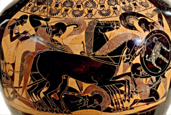 Achilleus zabíjí Eurymacha. Černofigurová malba, Inscription Painter, 540 před n. l. National Gallery of Victoria, Melbourne. Kredit: Zde, Wikimedia Commons. Licence CC 1.0.