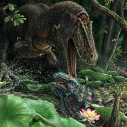 Rekonstrukce pravděpodobného vzezření druhu Dynamoterror dynastes a jeho možné občasné kořisti v podobě nodosaurida druhu Invictarx zephyri. Životní prostředí těchto dinosaurů mělo před 78 miliony let podobu vlhkých močálovitých nížin. Kredit: Brian Engh