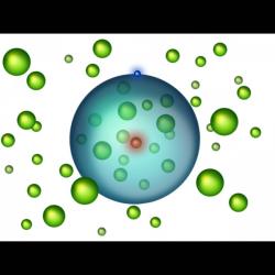 Rydbergův polaron. Červeně atomové jádro Rydbergova atomu, modře jeho excitovaný elektron a zeleně okolní atomy stroncia Boseho-Einsteinova kondenzátu. Kredit: TU Wien.