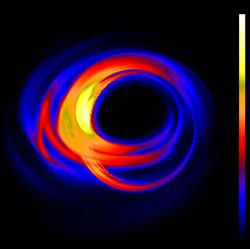 Jak asi bude vypadat Sagittarius A* pohledem Event Horizon Telescope? Simulace z roku 2010. Kredit: Dexter et al. (2010).