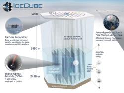 Schéma velké neutrinové observatoře IceCube zapuštěné do ledu na jižním geografickém pólu. Zdroj: https://res.cloudinary.com/