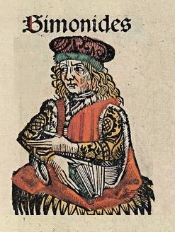 Michel Wolgemut, Simónidés. Dřevoryt v Norimberské kronice, 1493. Kredit: Schedel, Wikimedia Commons. Public domain.