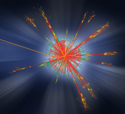 Simulace vzniku hypotetické mikroskopické černé díry a jejího vypaření Hawkingovým zářením (zdroj ATLAS, CERN).