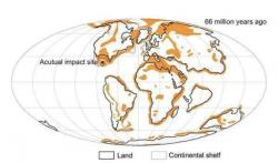 Mapa znázorňující kritické oblasti s vysokým obsahem uhlovodíků a síry, pravděpodobně jediná místa, která mohla být v kombinaci s impaktem zdrojem celosvětového hromadného vymírání (oranžově vybarvené oblasti). A jejich celková rozloha? Pouhých 13 % zemského povrchu, a to zejména v oblastech kontinentálních šelfů. Kredit: Kunio Kaiho