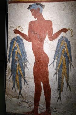 Rybářská freska z Akrotiri, z místnosti 5 Západního domu, 17. st. před n. l. Prehistoric Museum of Thira, Fira. Kredit: Zde, Wikimedia Commons. Licence CC 4.0.